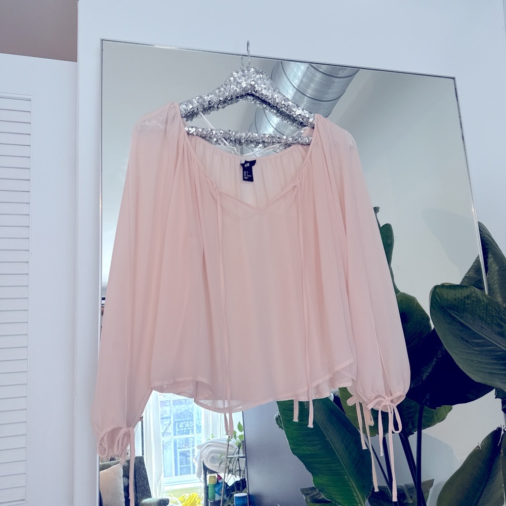 H&M Flowy Pink Split Sleeve Bow Tie Blouse